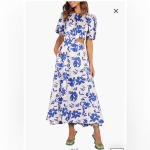 Petal & Pup Aminah Puff Sleeve Maxi Dress, Blue Floral, Size M (10)